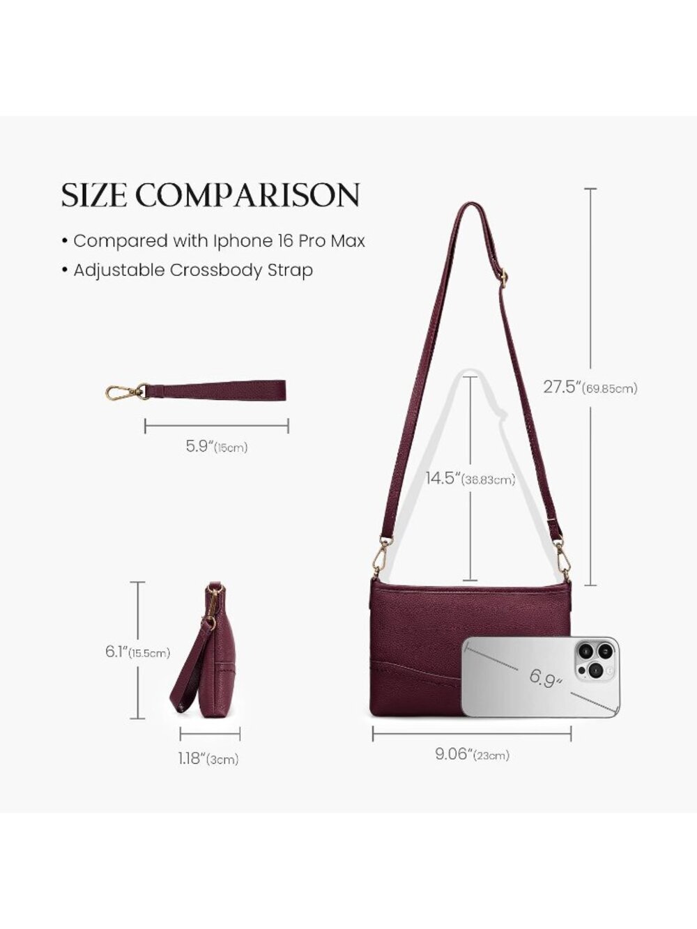 Women's Burgundy Full Grain Leather Wristlet Wallet Soft RFID Crossbody Bags - Picture 6 of 6
